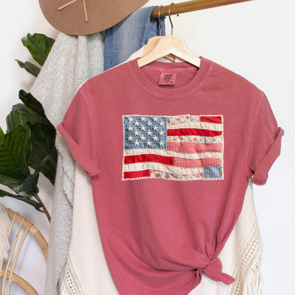 Faux Patchwork American Flag Shirt, Patriotic Fourth of July Tee, Vintage Faux Quilted USA Graphic T-Shirt