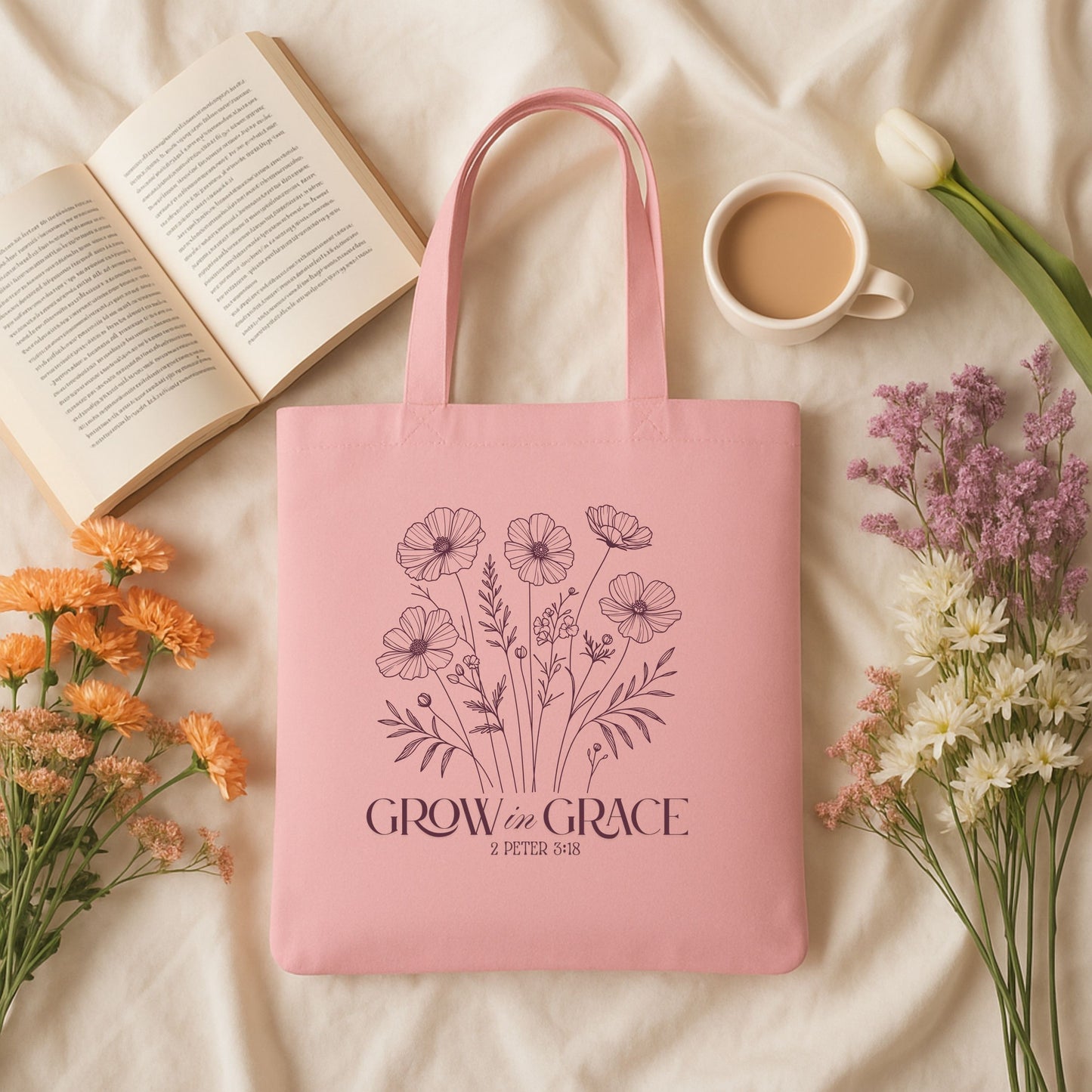 Canvas Tote Bag – Grow in Grace Tote Bag- Eco-Friendly, Durable, Everyday Shoulder Bag for Shopping, Work & Travel