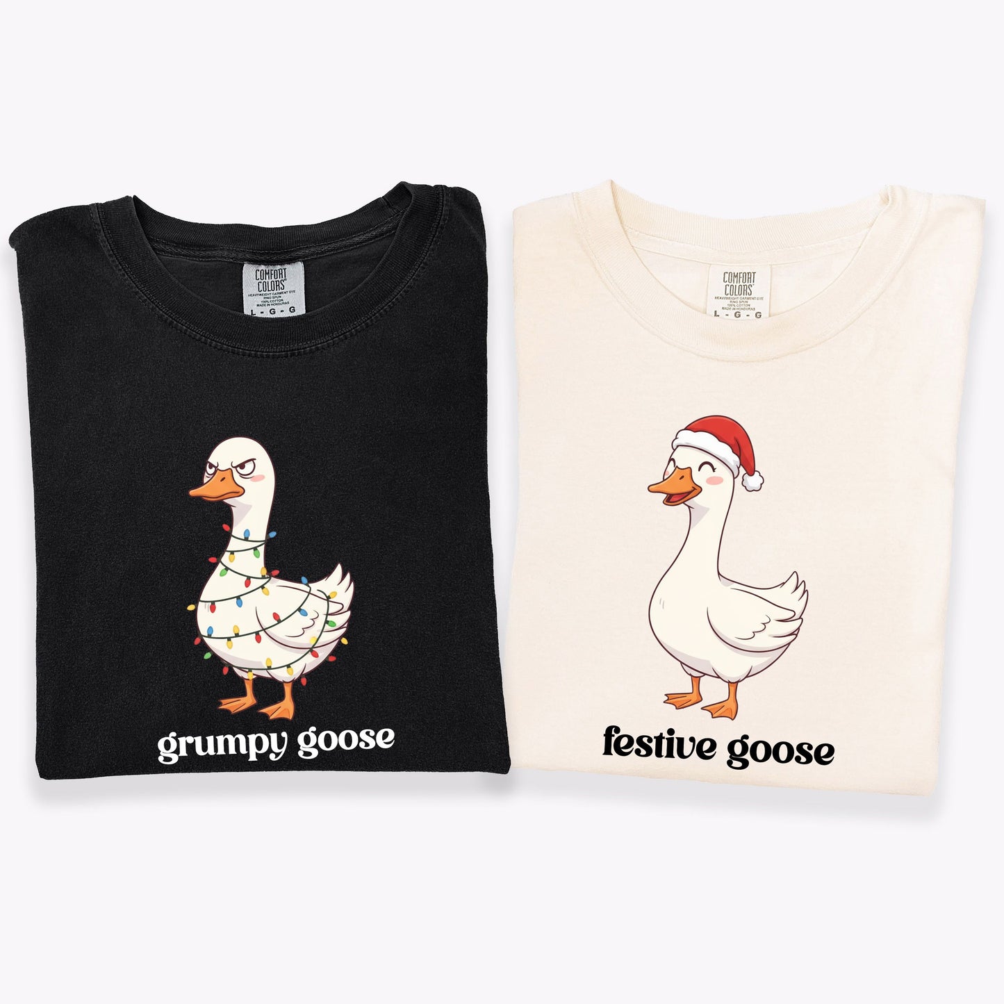 Comfort Colors® Funny Christmas Couple Long Sleeve Shirt, Matching Festive Goose & Grumpy Goose Tee, Holiday Husband Wife Gift, Humor Xmas