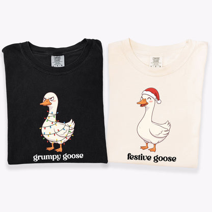 Comfort Colors® Funny Christmas Couple Long Sleeve Shirt, Matching Festive Goose & Grumpy Goose Tee, Holiday Husband Wife Gift, Humor Xmas