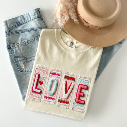 Boho "LOVE" Faux Yarn DTF Print T-Shirt | Trendy Embroidery-Look Shirt