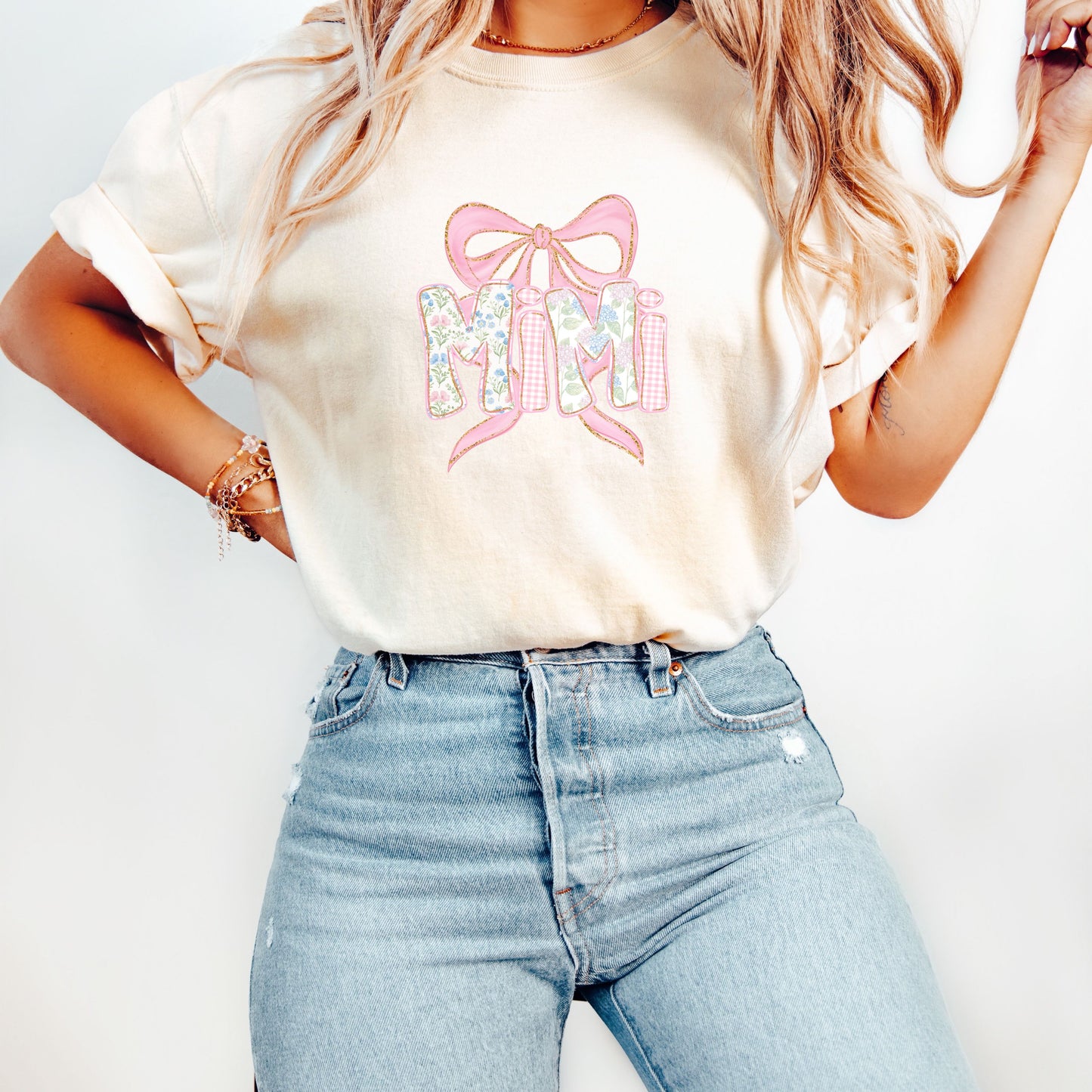Floral Mimi Shirt , Grandma Spring Tee, Trendy Grammy Tshirt ,Women's Flower Mimi Shirt, New Grandma Announcement. ,Blue Pink Bow Shirt