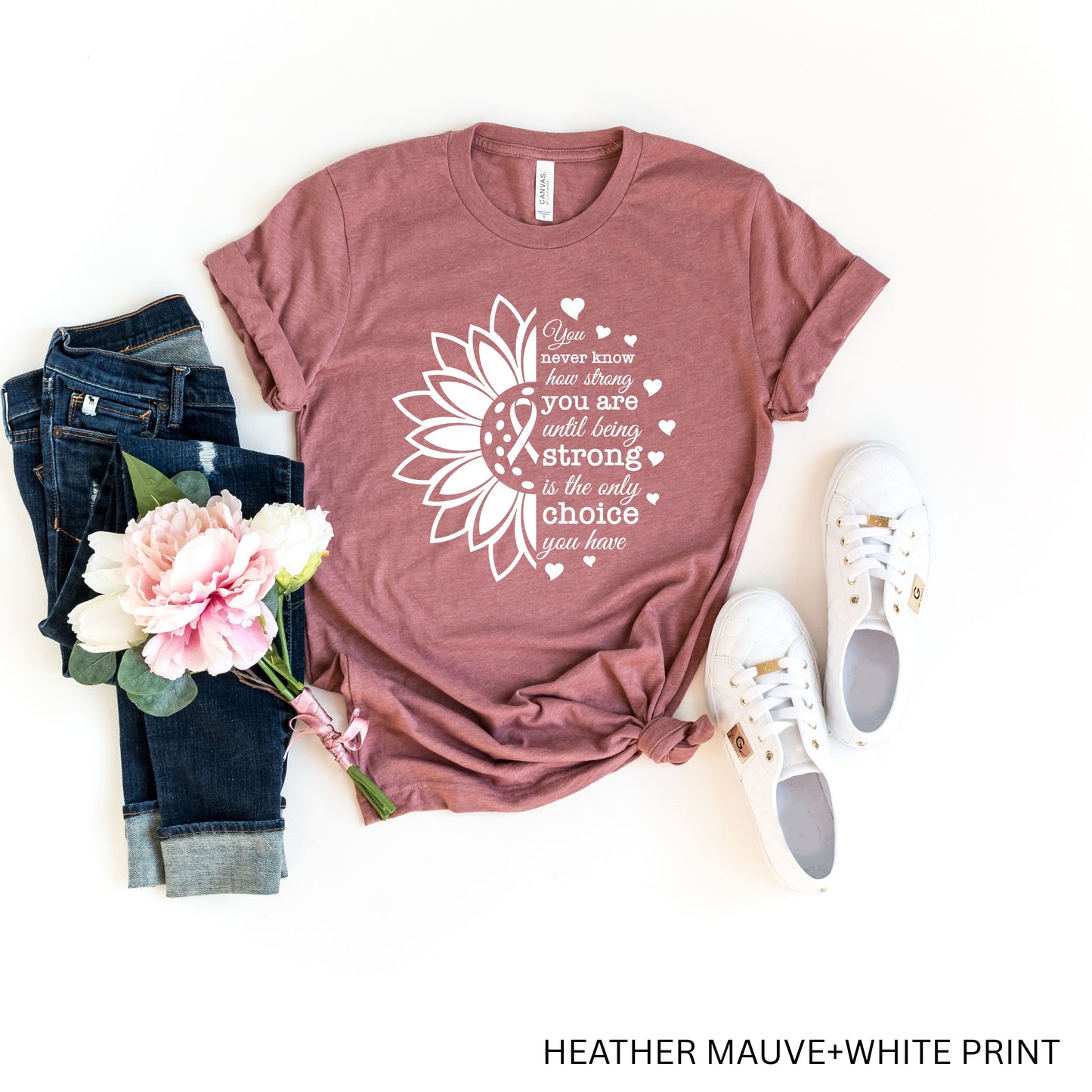 Breast Cancer Awareness T-Shirt - Pink Ribbon Sunflower Design - Strong Quote Tee -Survivor/Fighter Breast Cancer Support Gift -Pink Sunflower Breast Cancer Warrior Tee - Pink Ribbon Awareness T-Shirt