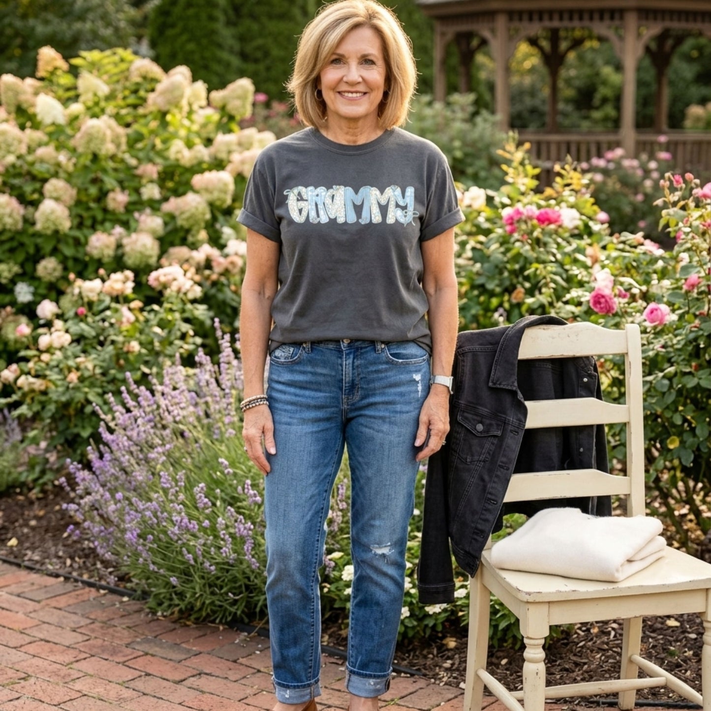 The Perfect Grammy Gift - Blue Floral Gingham "Grammy" Tee -  New Grandma Reveal Shirt - "Grammy" Floral Print Tee - Gift for Nana -  Special Birthday Gift for Grandma