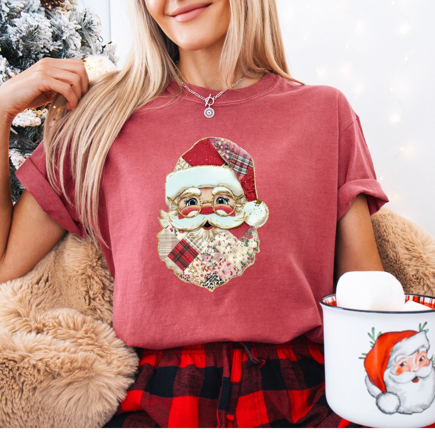 Faux Patchwork Santa T-Shirt | Vintage Quilted Look Christmas Shirt | Cozy Holiday Tee | Buffalo Plaid Santa Claus Graphic | Cute Xmas Gift