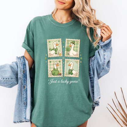 Silly Goose St Patrick's Day Shirt, Funny Lucky Clover Tee, Festive Irish Goose Stamp Shirt, Retro St Pattys Day Gift
