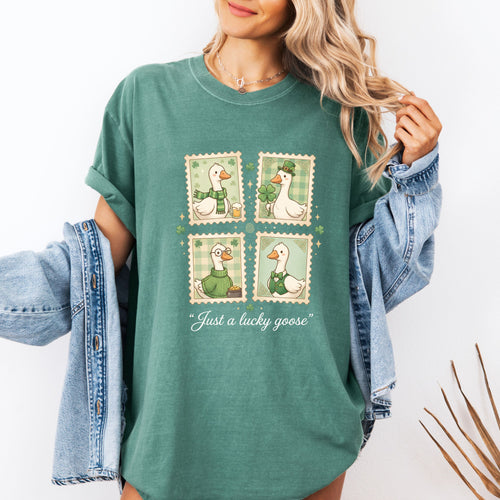 Silly Goose St Patrick's Day Shirt, Funny Lucky Clover Tee, Festive Irish Goose Stamp Shirt, Retro St Pattys Day Gift