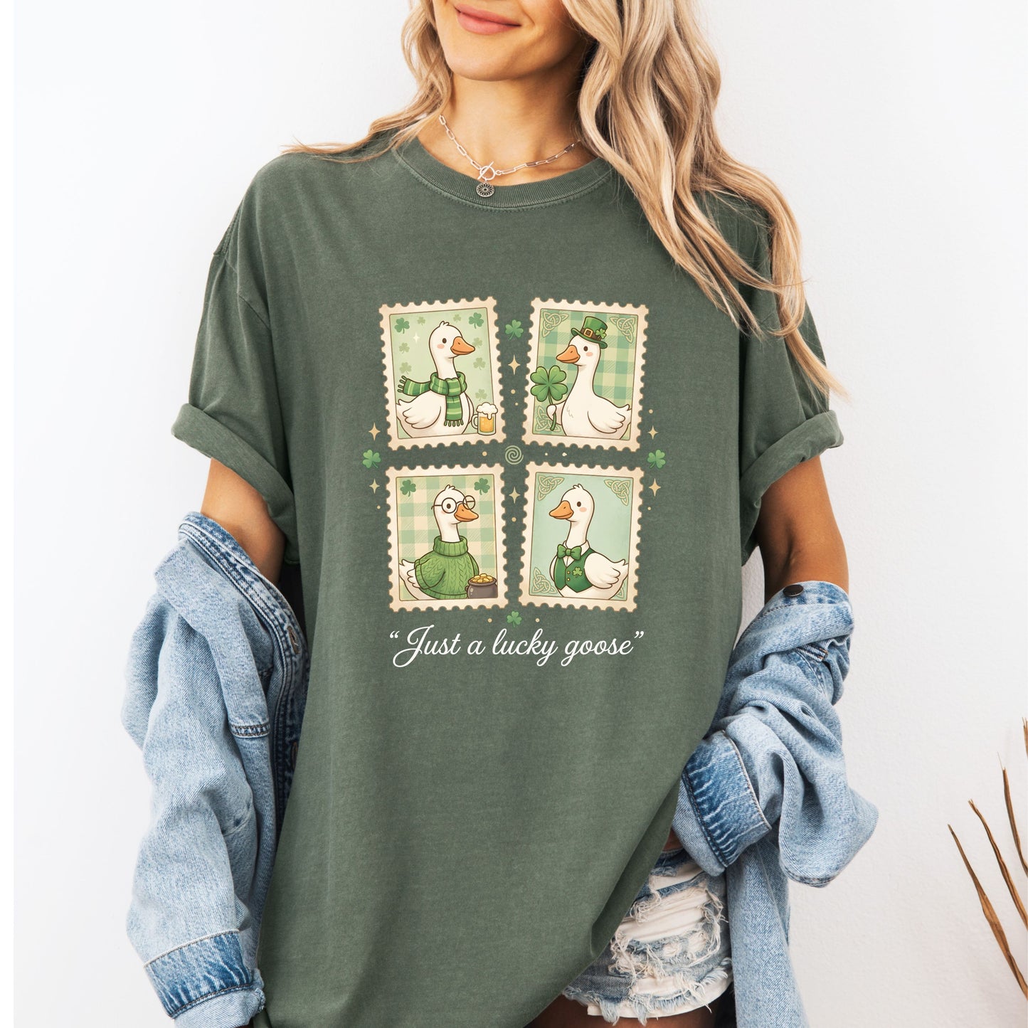 Silly Goose St Patrick's Day Shirt, Funny Lucky Clover Tee, Festive Irish Goose Stamp Shirt, Retro St Pattys Day Gift