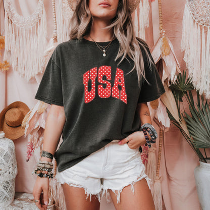 USA Polka Dot Shirt, Patriotic Fourth of July Tee, Vintage USA Graphic T-Shirt, 250th Years of Freedom Shirt, USA Gingham Tee