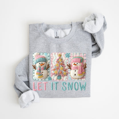 Coquette Let It Snow Sweatshirt | Faux Embroidery Look DTF Print Snowman Crewneck | Pastel Winter Aesthetic Sweater | Cozy Winter Soft Girl