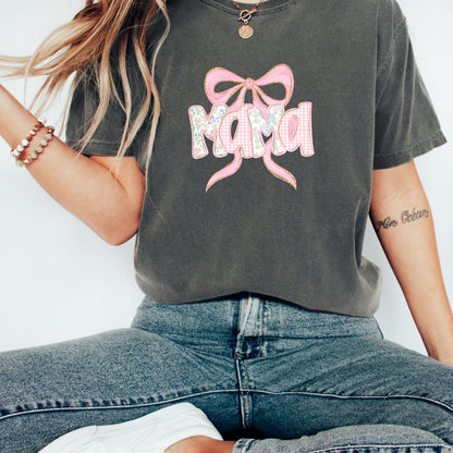 Floral Mama Shirt , Mom Spring Tee ,Trendy Mom Tshirt, Women's Flower Mama Shirt ,Pregnancy Reveal Gift ,Blue Pink Bow Shirt