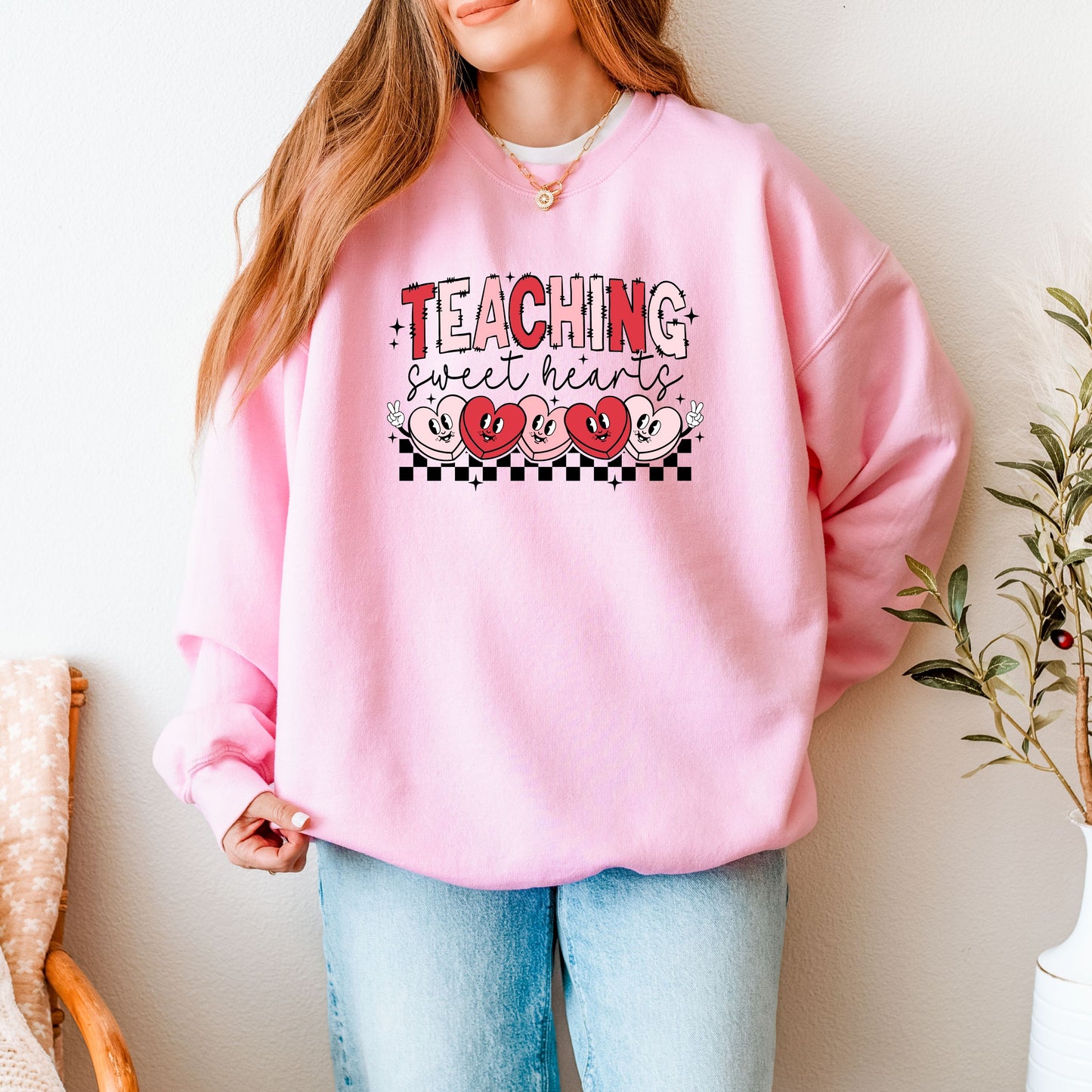 Retro Teacher Valentine’s Day Sweatshirt - Teaching Sweethearts Groovy Hearts Pullover