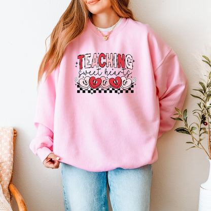 Retro Teacher Valentine’s Day Sweatshirt - Teaching Sweethearts Groovy Hearts Pullover