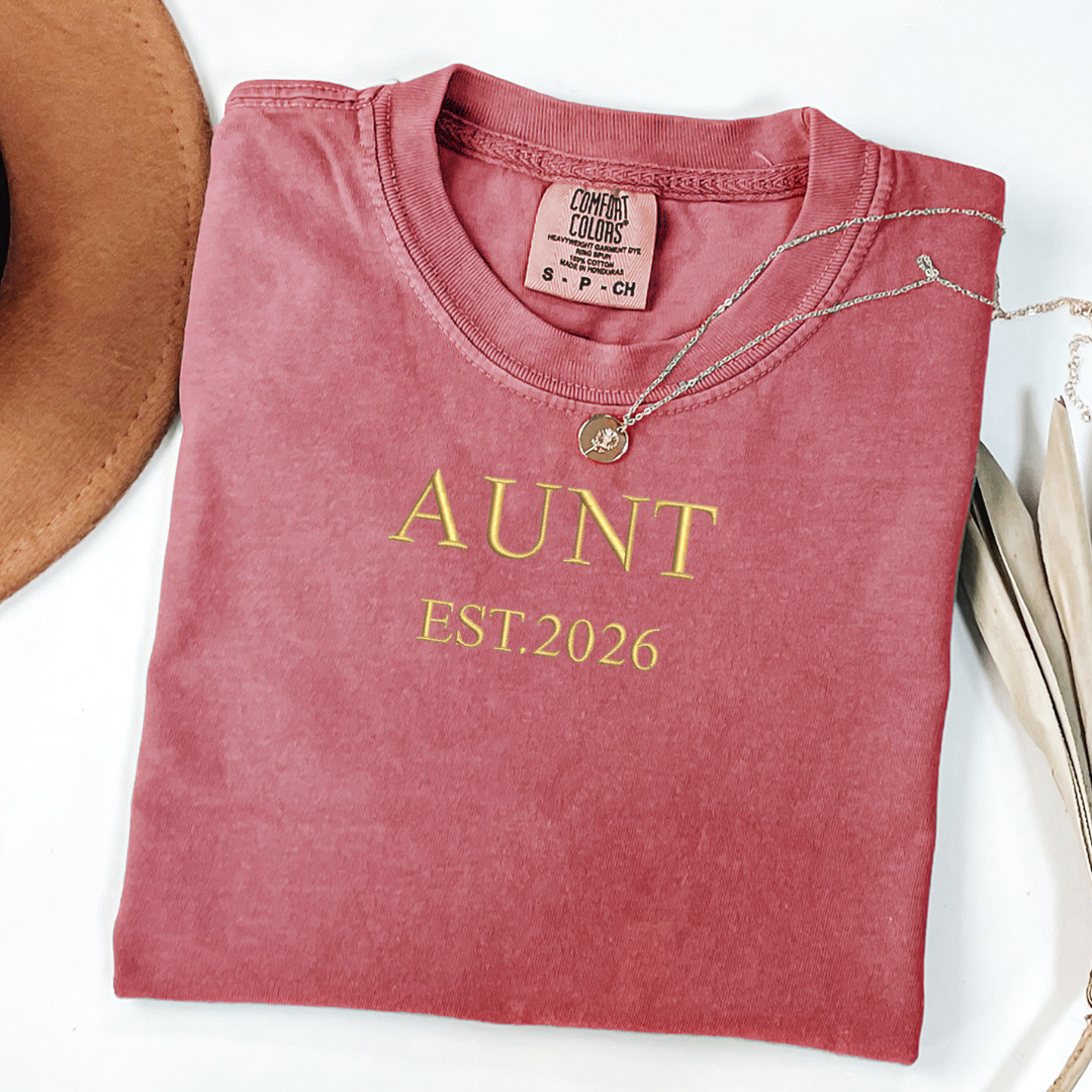Personalized Aunt Est. 2026  Shirt | New Aunt Announcement Gift | Embroidered Heavyweight Tee
