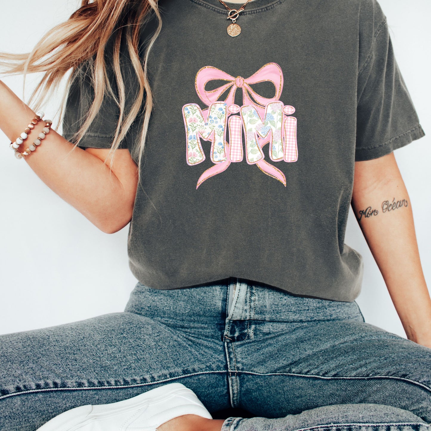 Floral Mimi Shirt , Grandma Spring Tee, Trendy Grammy Tshirt ,Women's Flower Mimi Shirt, New Grandma Announcement. ,Blue Pink Bow Shirt