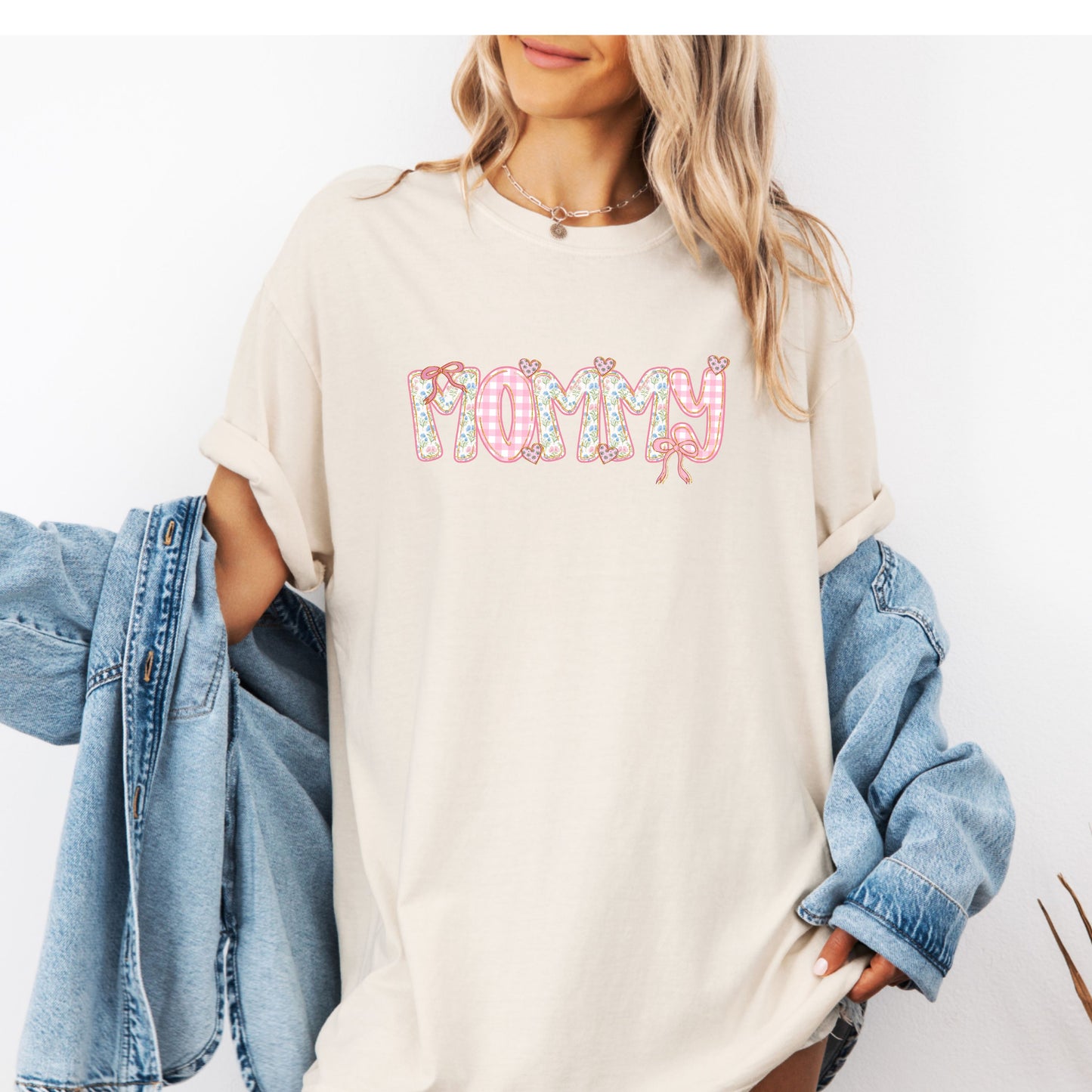 Mother's Day Gift - Mommy Floral Gingham Shirt - Trendy Coquette Mommy Tee- Pink Gingham & Floral Bow Mommy T-Shirt
