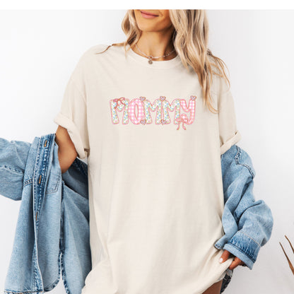 Mother's Day Gift - Mommy Floral Gingham Shirt - Trendy Coquette Mommy Tee- Pink Gingham & Floral Bow Mommy T-Shirt