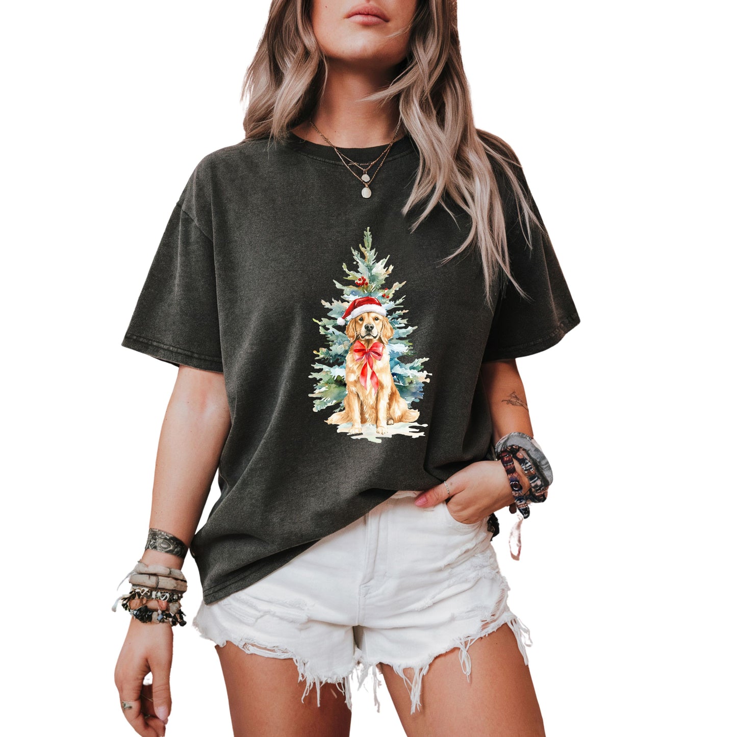 Watercolor Christmas Golden Retriever Dog Santa Hat Shirt, Coquette Preppy Drew Doodles Christmas Tree, Comfort Colors® Christmas Dog Shirt