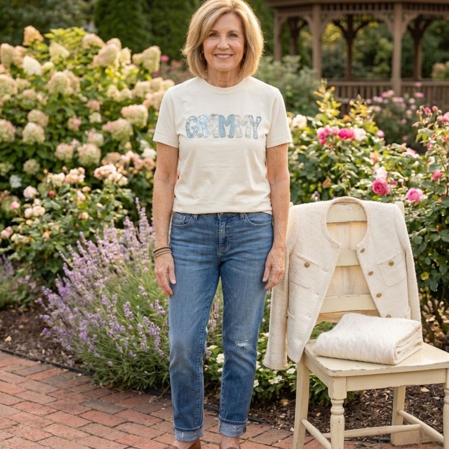 The Perfect Grammy Gift - Blue Floral Gingham "Grammy" Tee -  New Grandma Reveal Shirt - "Grammy" Floral Print Tee - Gift for Nana -  Special Birthday Gift for Grandma