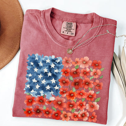 Patriotic Floral Shirt,  USA 250th Anniversary Tee, Floral American Flag Shirt, Watercolor Poppy 4th of July Shirt