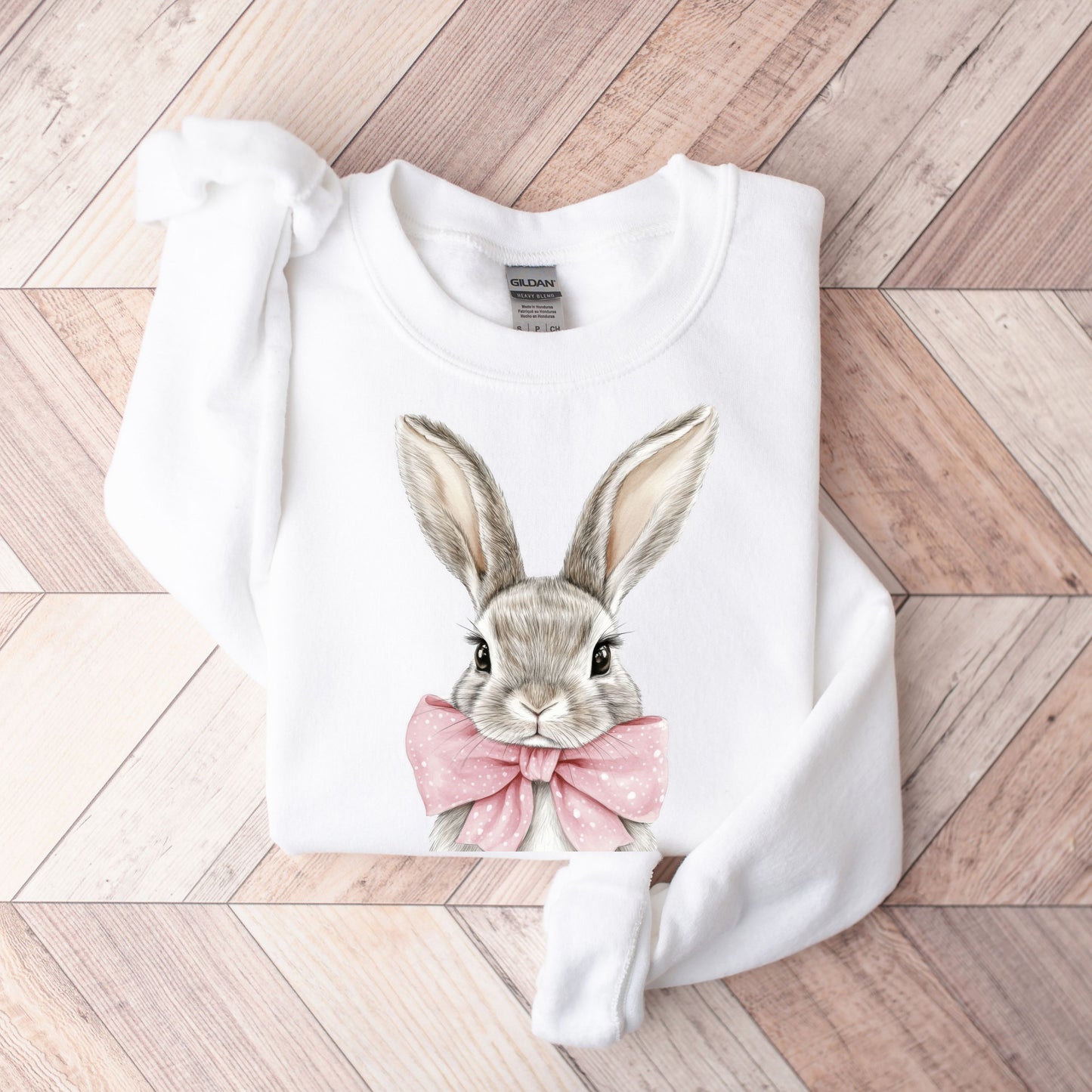Cute Easter Bunny Sweatshirt - Hand-Drawn Rabbit with Pink Bow Crewneck - Spring Holiday Pullover