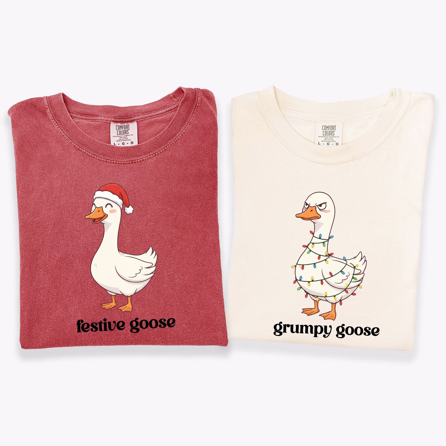 Comfort Colors® Funny Christmas Couple Long Sleeve Shirt, Matching Festive Goose & Grumpy Goose Tee, Holiday Husband Wife Gift, Humor Xmas