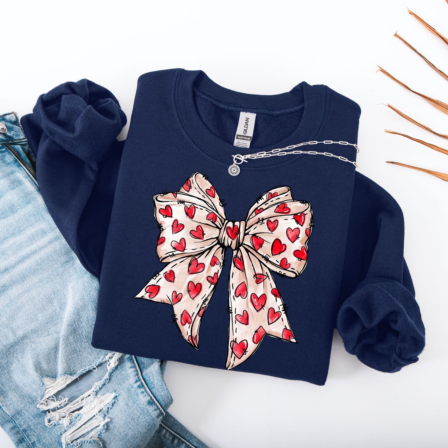Valentine Bow Sweatshirt – Cute Heart Ribbon Graphic Pullover, Cozy Valentine’s Day Gift for Her