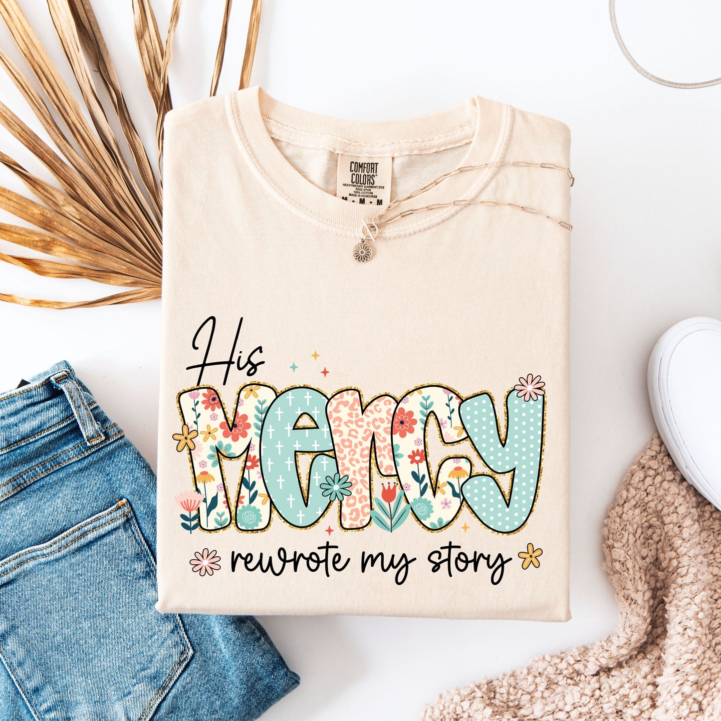 His Mercy Rewrote My Story Shirt, Christian Faith Tee, Floral Jesus Shirt, Religious Quote T-shirt, Bible Verse Apparel, Trendy Worship Tee