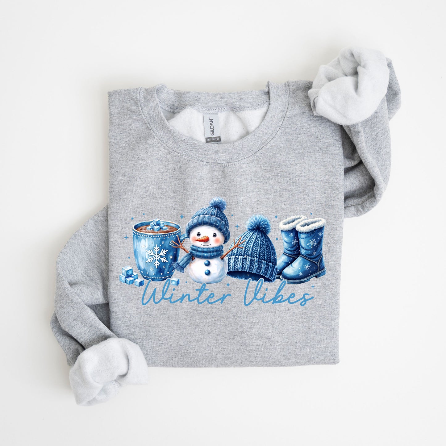 Winter Vibes Snowman Sweatshirt, Faux Embroidery Look Winter Crewneck, Cozy Blue Snowman Sweater, Winter Hot Cocoa Hoodie,Snowflake Pullover