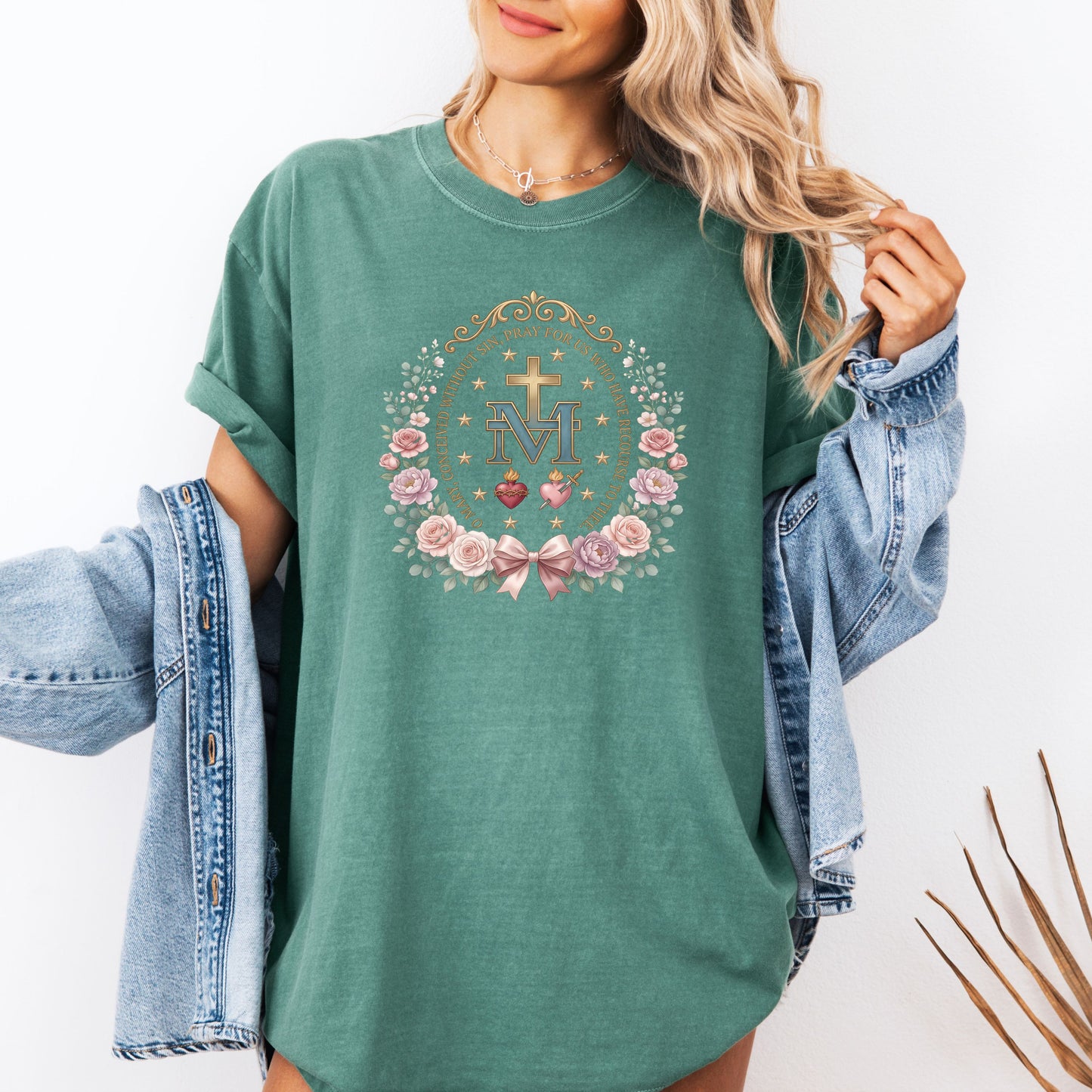 Marian Cross Catholic T-Shirt • Miraculous Medal Floral Tee • Virgin Mary Shirt • Religious Gift for Women • Blessed Mother Floral Tee