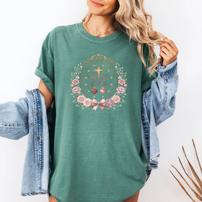 Marian Cross Catholic T-Shirt • Miraculous Medal Floral Tee • Virgin Mary Shirt • Religious Gift for Women • Blessed Mother Floral Tee