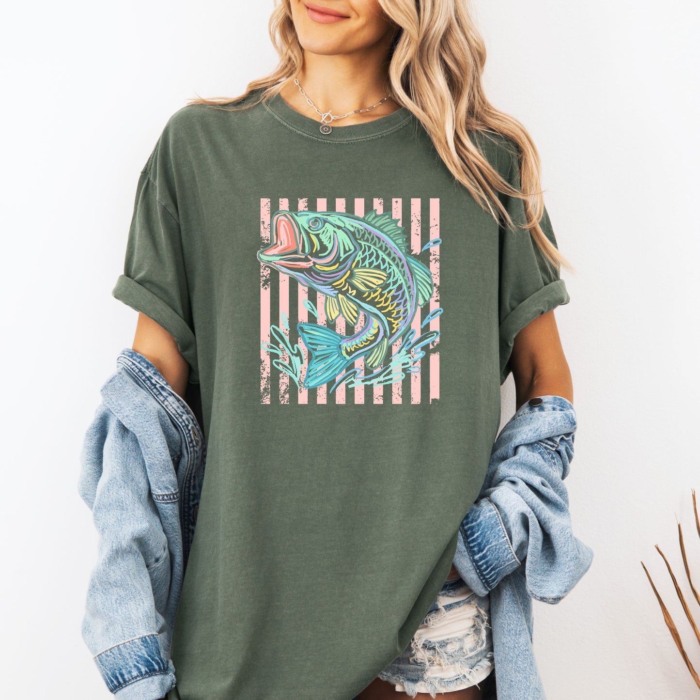 Retro Bass Fish Shirt, Pastel Striped Fishing Graphic Tee, Fisherman Gift, Lake Life T-Shirt, Coastal Summer Tee