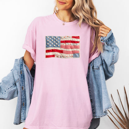 Faux Patchwork American Flag Shirt, Patriotic Fourth of July Tee, Vintage Faux Quilted USA Graphic T-Shirt