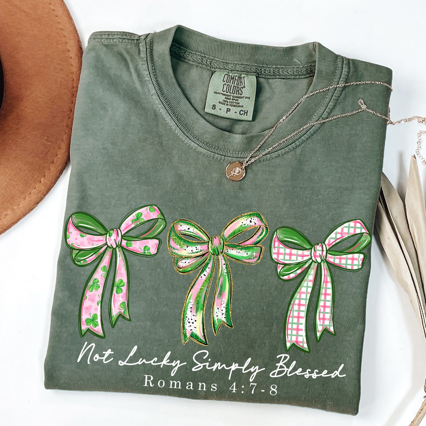 Not Lucky Simply Blessed Shirt, Christian St Patrick’s Day Tee, Romans 4:7-8 Bible Verse Shirt, Faith Bow Graphic Tee, Lucky Charm T-Shirt