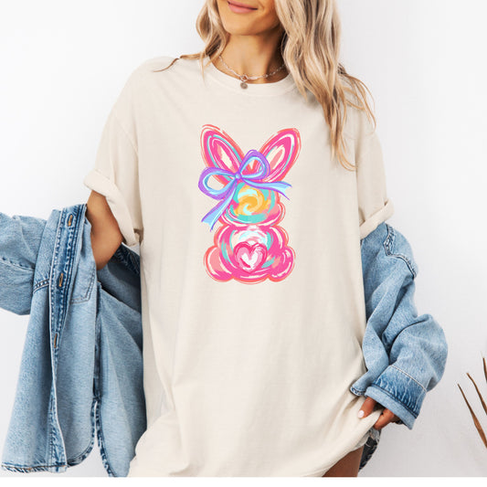 Brushstroke Bunny Easter Shirt, Bunny Coquette Bow T-Shirt, Pastel Spring Aesthetic Tee, Whimsical Rabbit Graphic Shirt, Colorful Floral Bunny Art Top