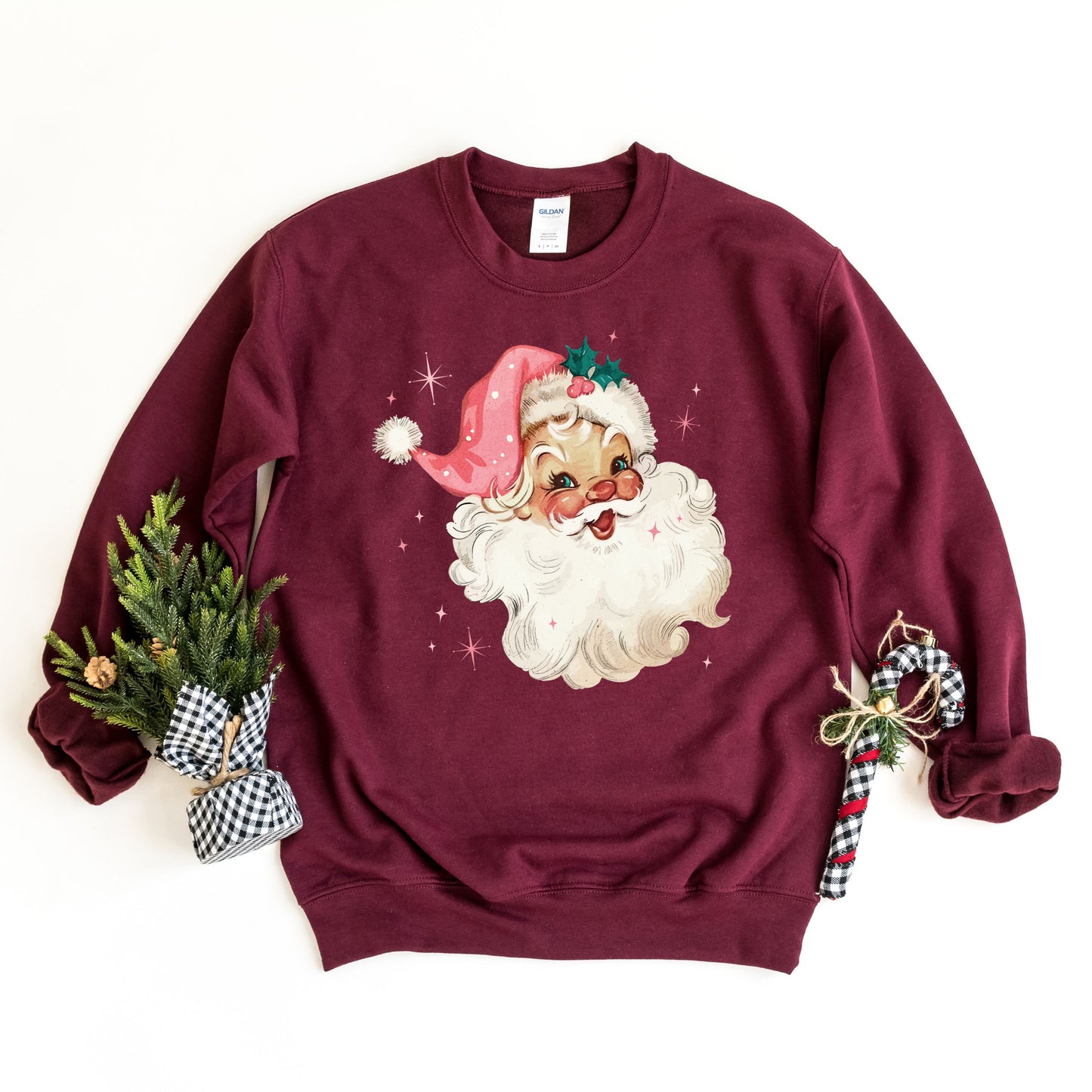 Pink Santa Retro Christmas T-Shirts Sweatshirts for Women Pink Christmas Matching Family Sweaters Pink Vintage Holiday Crewneck Group Party