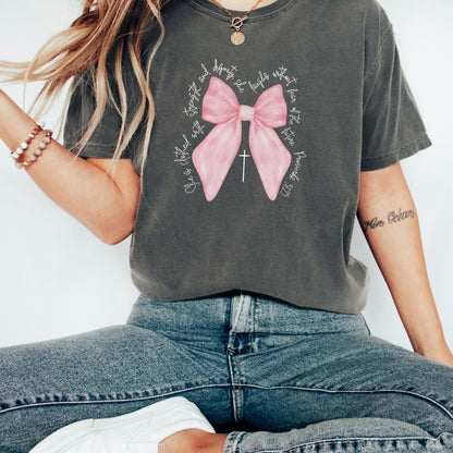 Christian Pink  Bow Bible Verse Faith Shirt, She is Clothed with Strength and Dignity Tee - Proverbs 31:25 Coquette Bow T-Shirt