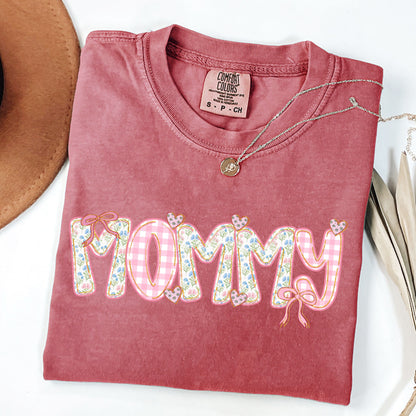 Mother's Day Gift - Mommy Floral Gingham Shirt - Trendy Coquette Mommy Tee- Pink Gingham & Floral Bow Mommy T-Shirt