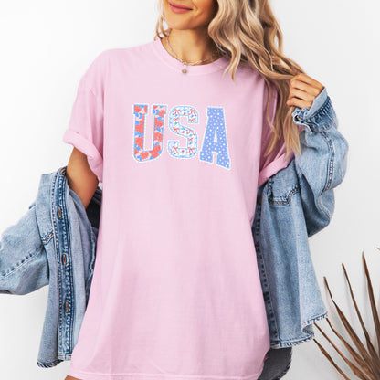 Coquette USA Shirt, Floral Gingham USA Tee, 4th of July Patriotic Tee, America T-Shirt, Fourth of July Shirts