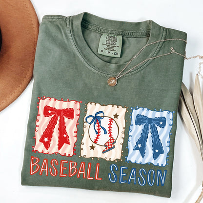 Coquette Baseball Season Comfort Colors T-Shirt | Retro Bows & Baseball Graphic Tee
