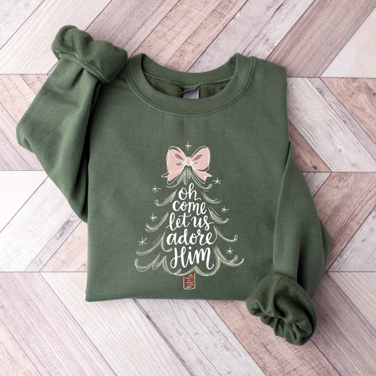 Oh Come Let Us Adore Him Sweatshirt, Christian Christmas Sweater, Pink Coquette Bow Christmas Tree, Religious Holiday Crewneck Nativity Gift