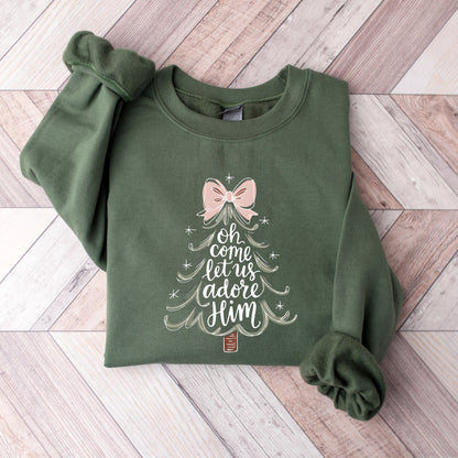 Oh Come Let Us Adore Him Sweatshirt, Christian Christmas Sweater, Pink Coquette Bow Christmas Tree, Religious Holiday Crewneck Nativity Gift