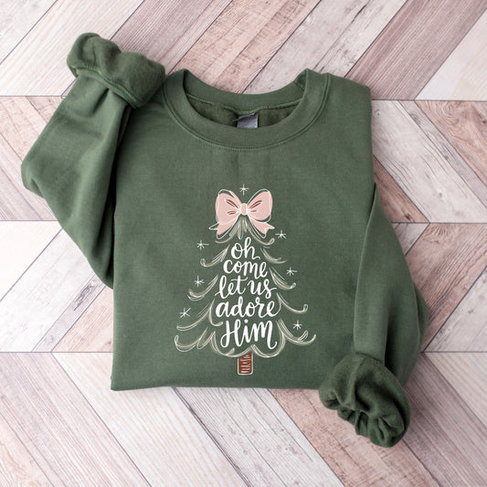 Oh Come Let Us Adore Him Sweatshirt, Christian Christmas Sweater, Pink Coquette Bow Christmas Tree, Religious Holiday Crewneck Nativity Gift
