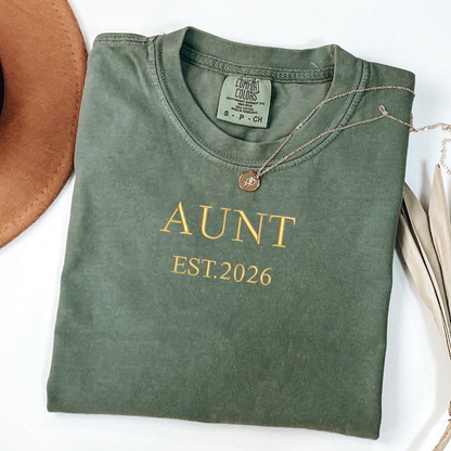 Personalized Aunt Est. 2026  Shirt | New Aunt Announcement Gift | Embroidered Heavyweight Tee