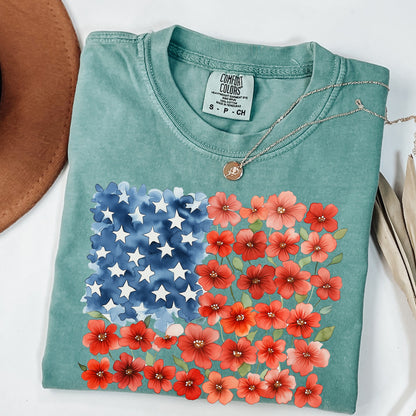 Patriotic Floral Shirt,  USA 250th Anniversary Tee, Floral American Flag Shirt, Watercolor Poppy 4th of July Shirt
