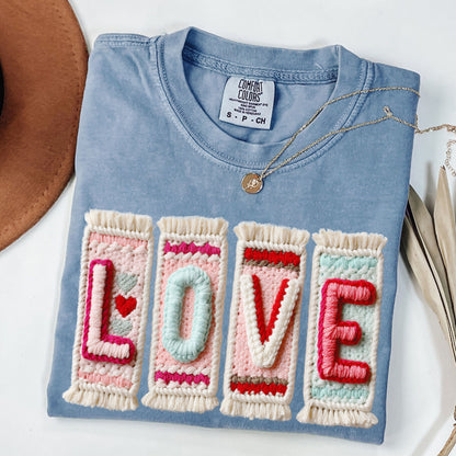 Boho "LOVE" Faux Yarn DTF Print T-Shirt | Trendy Embroidery-Look Shirt