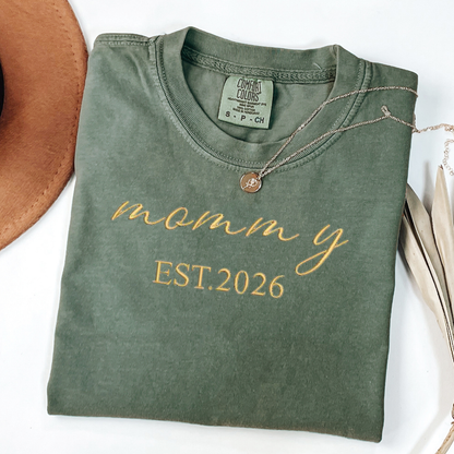 Mommy Est. 2026  Embroidered Shirt | New Mom Announcement Gift | Script Font First Time Mom Tee