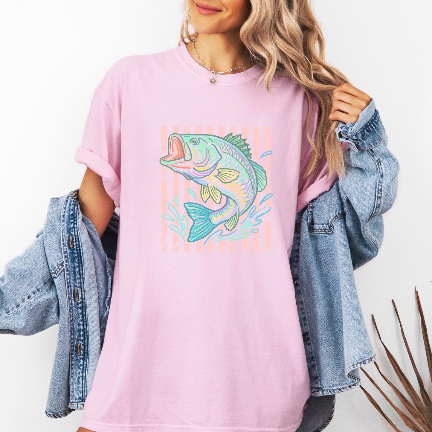 Retro Bass Fish Shirt, Pastel Striped Fishing Graphic Tee, Fisherman Gift, Lake Life T-Shirt, Coastal Summer Tee