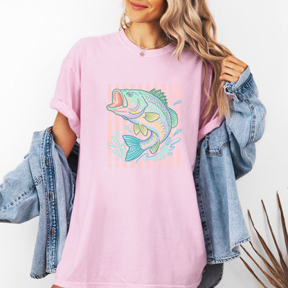 Retro Bass Fish Shirt, Pastel Striped Fishing Graphic Tee, Fisherman Gift, Lake Life T-Shirt, Coastal Summer Tee