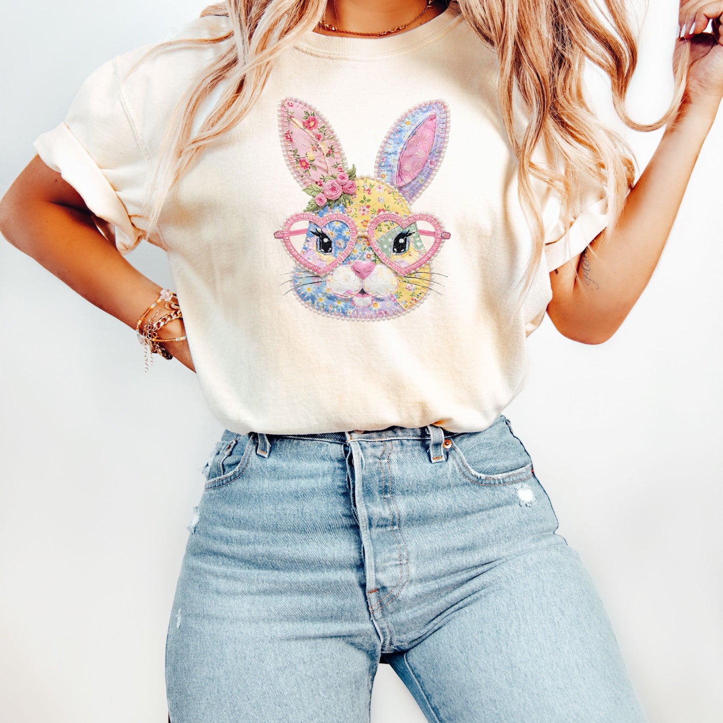 Faux Patchwork Easter Bunny with Glasses Shirt, Comfort Colors® Coquette Rabbit Tee, Shabby Chic Spring Outfit Gift